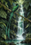 Long-tailed green bird perched on a diagonal branch beside a waterfall, framed by dense jungle foliage and a pool.