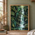Long-tailed green bird perched on a diagonal branch beside a waterfall, framed by dense jungle foliage and a pool.; frame shown for styling only