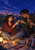 Two friends share a star-shaped biscuit on a rooftop at dusk, with a thermos, open tin, lanterns, blankets, city lights, and stars.
