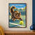 Long-haired tortoiseshell cat in a coral collar crouches toward a tennis ball on a court; “Court-Side Whiskers” appears above.; frame shown for styling only