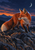 Orange fox standing alert on a rocky ridge beneath a crescent moon, with mountains and forest at twilight.