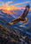 Large eagle flying above a blue-violet mountain valley with orange sunrise light on the ridges.