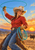 Smiling rodeo rider in a cowboy hat and red shirt swinging a large turquoise lariat against a blue sky and sunset.
