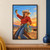 Smiling rodeo rider in a cowboy hat and red shirt swinging a large turquoise lariat against a blue sky and sunset.; frame shown for styling only