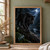 A black jaguar with amber eyes steps across a wet log beneath the moon in a dark tropical forest.; frame shown for styling only