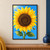 Large golden sunflower with a dark seed disk, green leaves, and a small bee on a blue background.; frame shown for styling only