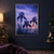 Three deep-blue iris blooms on crossing stems against a lavender and indigo twilight sky with distant hills and water.; frame shown for styling only