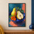 Two yellow-green pears, one cut open, in a deep blue bowl with green leaves and an orange flower against a teal and coral background.; frame shown for styling only