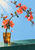 Coral-pink flowering branch with dark buds rises from an amber glass on a teal tabletop against blue, with one loose petal.