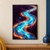 Luminous cyan S-shaped current edged in coral and amber, with two indigo spheres against a dark plum background.; frame shown for styling only