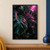 Close-up of rain-speckled split tropical leaves in deep green shadow, glowing with vivid magenta-pink light.; frame shown for styling only
