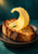 A tall golden curl of butter sits on toasted sourdough on a dark plate, with salt crystals and a small green leaf against teal.