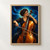 An adult woman plays an amber cello with a diagonal bow against a glowing blue background.; frame shown for styling only