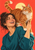 A laughing woman in a teal sweater supports a large ginger tabby cat across her shoulder against a coral-red background.