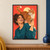 A laughing woman in a teal sweater supports a large ginger tabby cat across her shoulder against a coral-red background.; frame shown for styling only