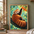 Russet red panda perched on a dark branch and reaching toward three orange fruits among green leaves.; frame shown for styling only