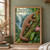 Copper-scaled pangolin climbing a mossy tree trunk, its tail curled below amid rainforest foliage, fruit, waterfall, and orchids.; frame shown for styling only