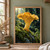 Oversized golden ridged mushroom with a rain bead on its cap rises from a mossy rock among ferns in a dark forest.; frame shown for styling only