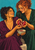 Two women seated close together hold an opened pomegranate above a patterned bowl as red seeds fall, against a turquoise background.