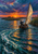 Small sailboat carrying one sailor on active teal water near a reed-lined shore beneath violet-blue clouds and an orange sunset.