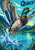 Green-headed mallard with wings spread and orange feet trailing above a turquoise pond splash, with “QUACK!” lettering near the top.
