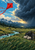 Bright red diamond kite flying above a mountain meadow with storm clouds, a turquoise stream, distant ridge, wind-bent grasses, and three white sheep.