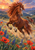 A chestnut horse with flying mane bounds through a wildflower meadow at sunset, with a patterned blanket to its right.