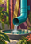 A turquoise downspout pours water into a round courtyard basin, framed by colorful wall channels, gold detailing, and foliage.