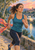 Woman in teal running clothes with a coral scarf runs beside a river and stone bridge at dawn.