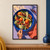 Overhead view of blood oranges, fennel and olives in a cobalt bowl, with a hand holding a fork, a tipped glass and coral napkin.; frame shown for styling only
