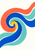 Interlocking ultramarine, turquoise and coral spiral bands sweep across a warm-white background with a small yellow-citron curl.