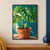 Potted monstera with large glossy split leaves and a small emerging leaf, set against a sunlit turquoise wall.; frame shown for styling only