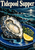 Open ridged oyster shell on a blue plate with lemon and greenery, against a dark moonlit seascape; Tidepool Supper lettering appears above.