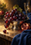 Dark purple grapes spilling over a reflective silver-colored bowl beside a cut pomegranate, tall glass, blue cloth, and loose grape.