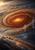 A tiny probe crosses a huge swirling rust, cream, and blue gas-giant storm vortex, framed by dark indigo cloud shadows.