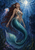 Adult mermaid with flowing auburn hair and a scaled teal tail floating upward through moonlit water beside a glowing jellyfish.