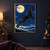 Black hare leaping diagonally toward a pale moon in a blue night sky, marked with golden lights above mist, mountains, and forest.; frame shown for styling only