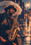 Bearded saxophonist playing beneath a dark umbrella in the rain, with orange leaves and streetlamp reflections on wet pavement.