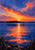 Orange-coral sunset reflecting across cobalt-blue lake water, with a distant tree-lined island and dark reeds and rocks in the foreground.