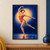 Adult dancer in a coral-red leotard with one arm overhead and the other extended, against a deep blue background and warm circular glow.; frame shown for styling only