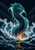 Dark-scaled sea creature with glowing turquoise-green fins rising through ocean spray, with a small boat at lower left.