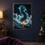 Dark-scaled sea creature with glowing turquoise-green fins rising through ocean spray, with a small boat at lower left.; frame shown for styling only