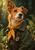 A red-and-white terrier in a dark green jacket and saffron neckerchief, wearing a brass compass against a forest background.