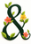 A large dark-green ampersand entwined with green leaves and three coral and yellow flowers on a warm-white background.