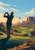 A silhouetted golfer finishes a drive as a small ball arcs above a desert fairway and sandstone mesa at sunset.