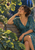A woman in a patterned teal wrap sits on a wooden bench beneath fig leaves and looks toward a ripe purple fig.