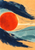 A large vermilion disk between sweeping indigo and pale aqua bands on an apricot background, with fine curved strokes extending right.