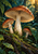 Three russet-capped mushrooms with pale gills among wet leaves, moss, and a tiny beetle on a root.