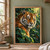 Close-up adult tiger with amber eyes and closed mouth, framed by dense green tropical foliage.; frame shown for styling only