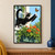 Black-and-white tuxedo cat leaping from a window sill toward an orange butterfly above a green windowbox.; frame shown for styling only